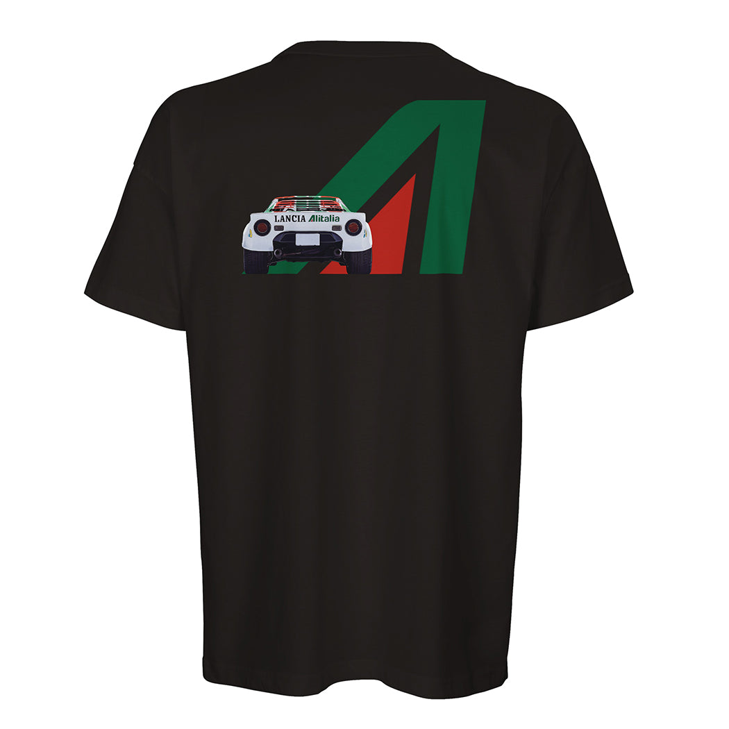 Lancia Stratos - Men's Oversized Rear Print Black T-shirt - Fueled.art