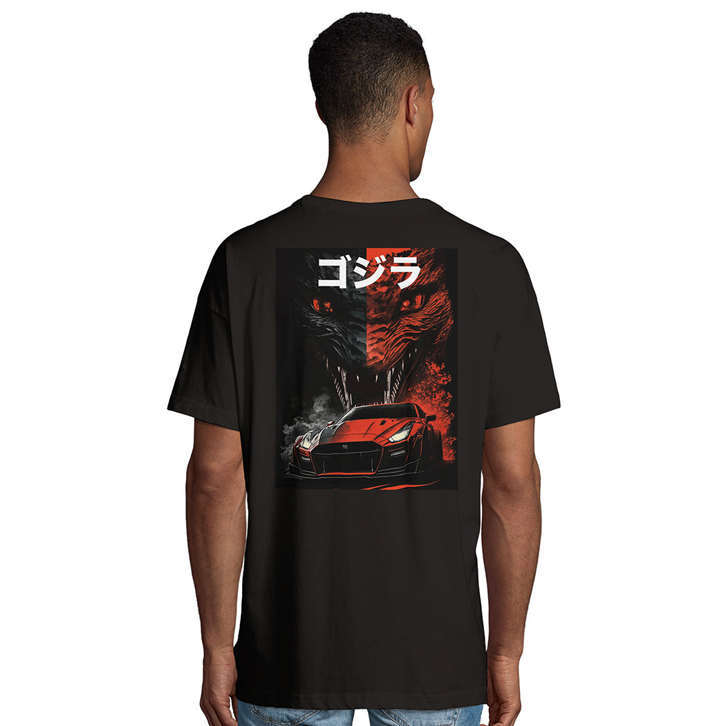 Nissan Skyline GTR Godzilla - Men's Oversized Rear Print Black T-shirt - Fueled.art