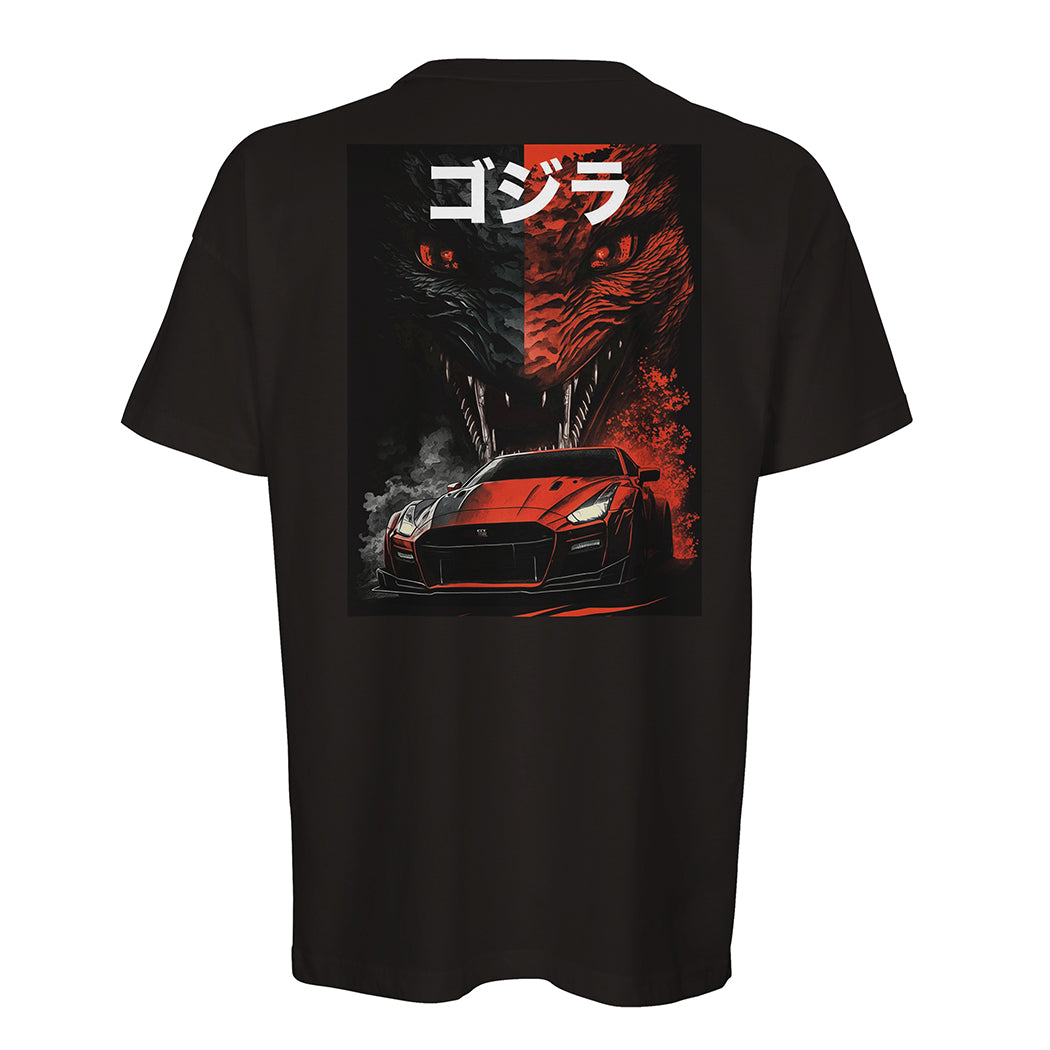 Nissan Skyline GTR Godzilla - Men's Oversized Rear Print Black T-shirt - Fueled.art